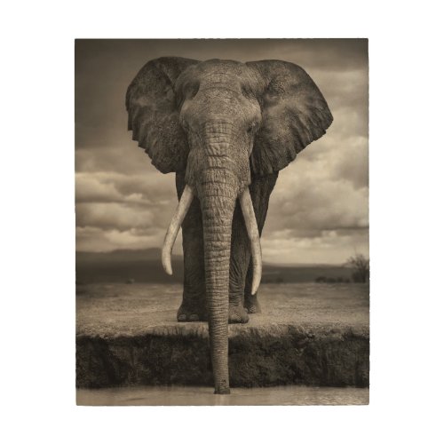 Elephant drinking at watering hole wood wall art