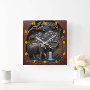 Elephant Drinks Water in Mountain Scene Square Wall Clock