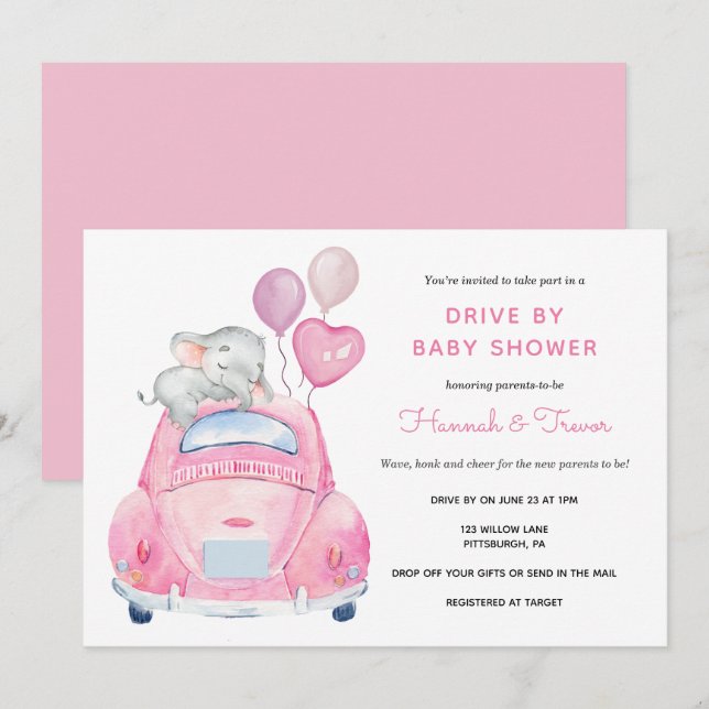 Elephant Drive By Baby Girl Shower Invitation (Front/Back)