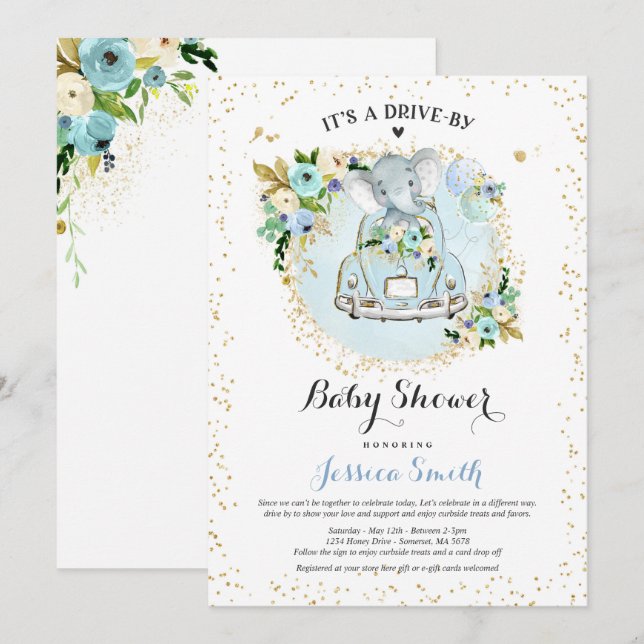 Elephant Drive By Baby Shower Invitation Blue (Front/Back)