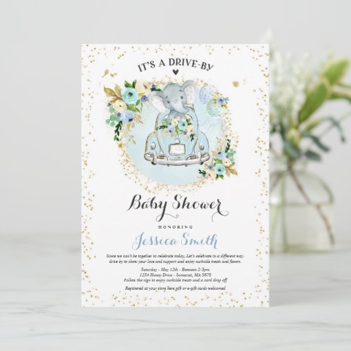 Elephant Drive By Baby Shower Invitation Blue Zazzle