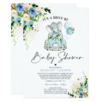 Elephant Drive By Baby Shower Invitation Blue