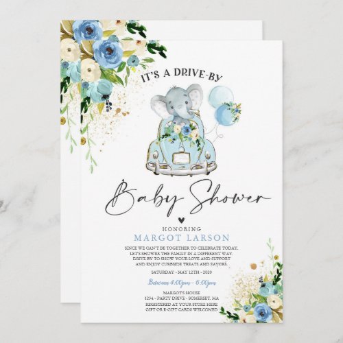 Elephant Drive By Baby Shower Invitation Blue