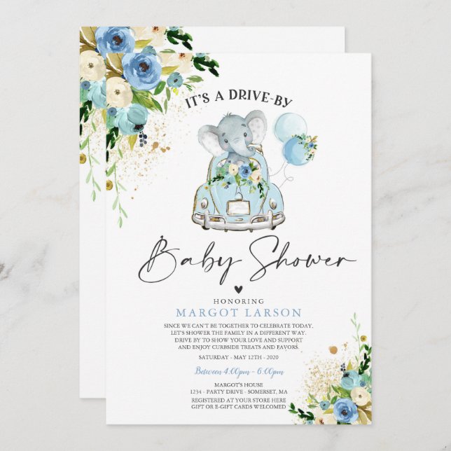 Elephant Drive By Baby Shower Invitation Blue (Front/Back)