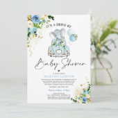 Elephant Drive By Baby Shower Invitation Blue (Standing Front)