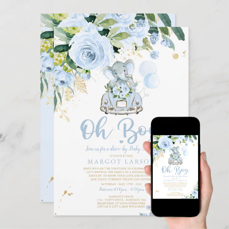 Elephant Drive By Baby Shower Invitation Blue Rose Zazzle