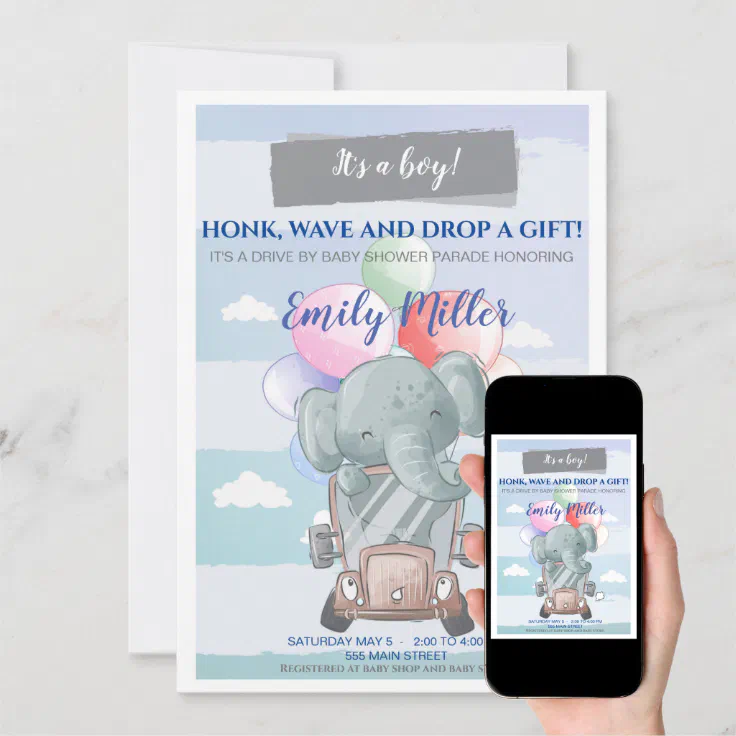 Elephant drive by baby shower invitation boy Zazzle