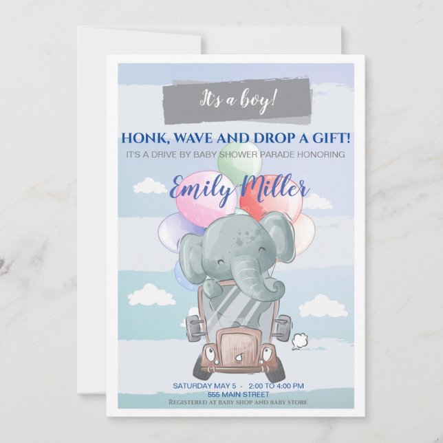 Elephant drive by baby shower invitation boy (Front)