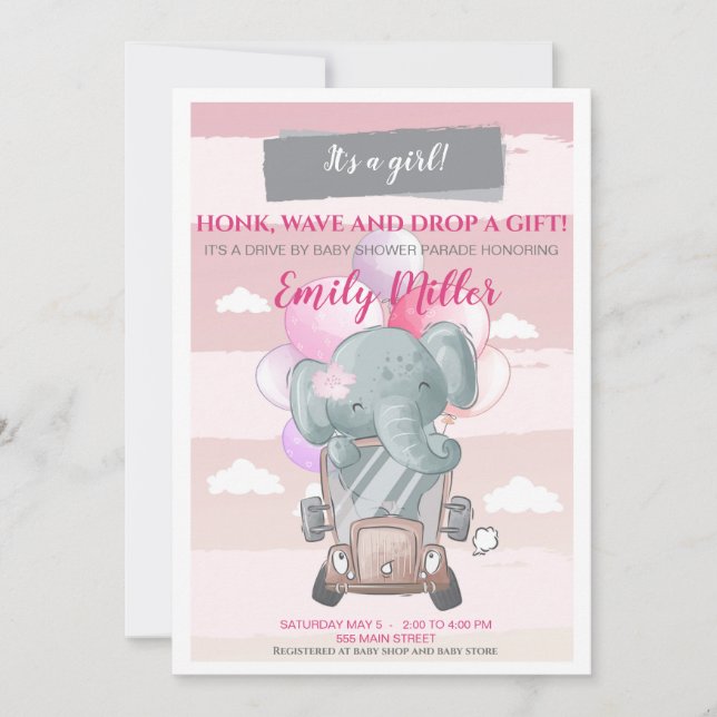 Elephant drive by baby shower invitation girl (Front)