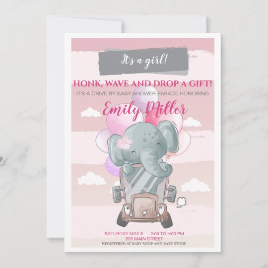 Elephant drive by baby shower invitation girl