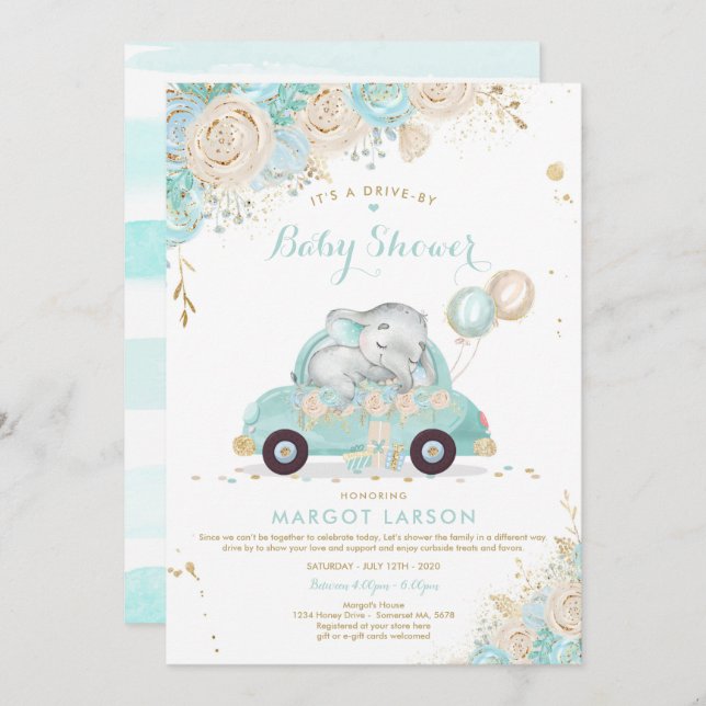 Elephant Drive By Baby Shower Invitation Mint (Front/Back)