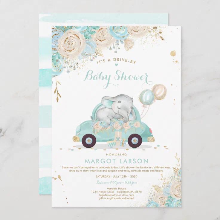 Elephant Drive By Baby Shower Invitation Mint Zazzle