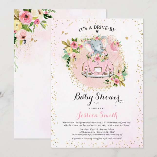 Elephant Drive By Baby Shower Invitation Pink (Front/Back)