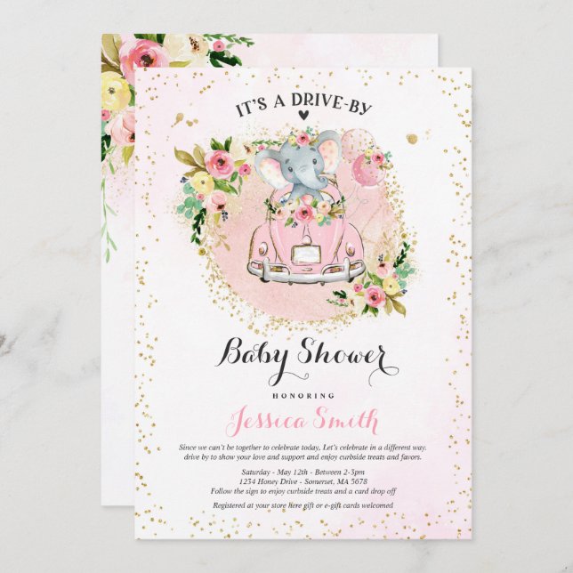 Elephant Drive By Baby Shower Invitation Pink (Front/Back)