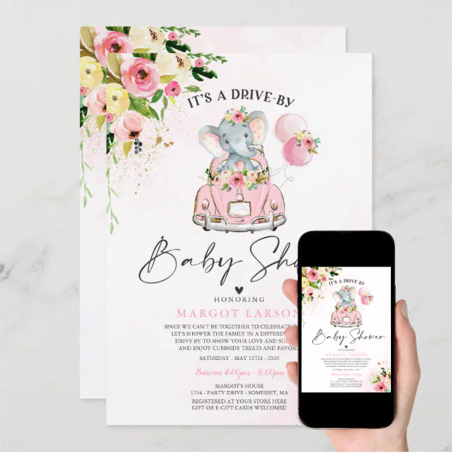 Elephant Drive By Baby Shower Invitation Pink Zazzle