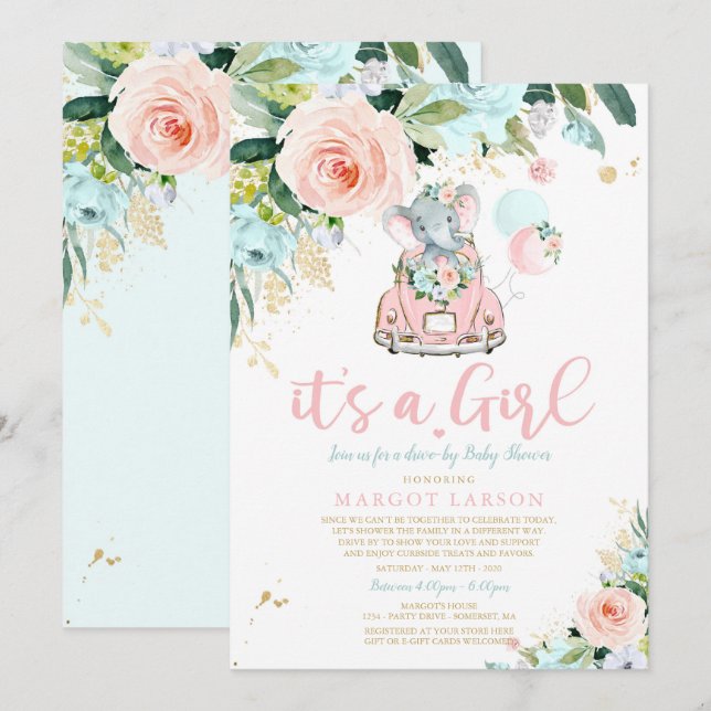 Elephant Drive By Baby Shower Invitation Pink Rose (Front/Back)
