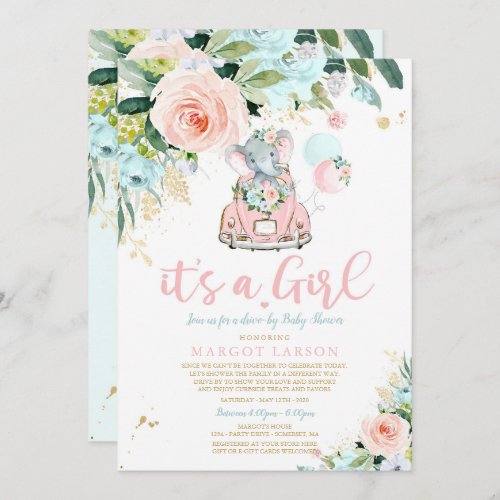 Elephant Drive By Baby Shower Invitation Pink Rose
