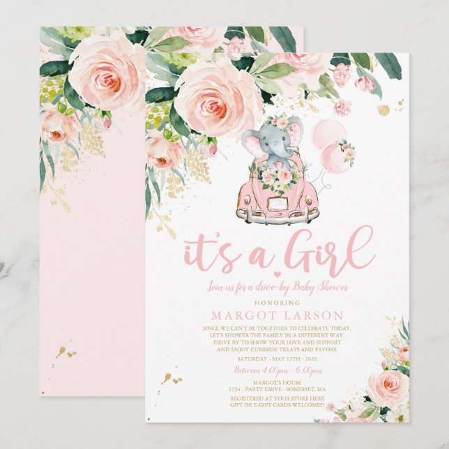 Elephant Drive By Baby Shower Invitation Pink Rose (Front/Back)