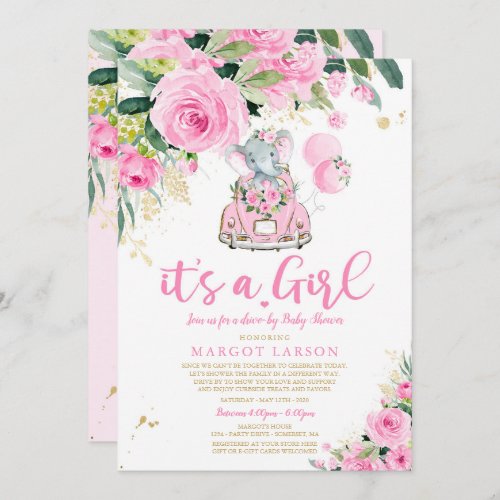 Elephant Drive By Baby Shower Invitation Pink Rose