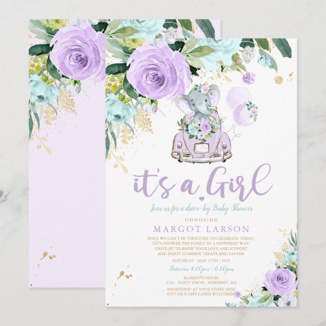 Elephant Drive By Baby Shower Invitation Purple (Front/Back)