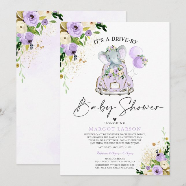 Elephant Drive By Baby Shower Invitation Purple (Front/Back)