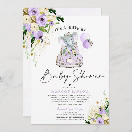 Elephant Drive By Baby Shower Invitation Purple