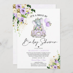 Elephant Drive By Baby Shower Invitation Purple