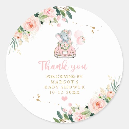 Elephant Drive By Baby Shower Pink Rose Classic Round Sticker