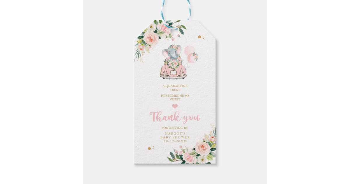 Elephant Drive By Baby Shower Pink Rose Gift Tags | Zazzle