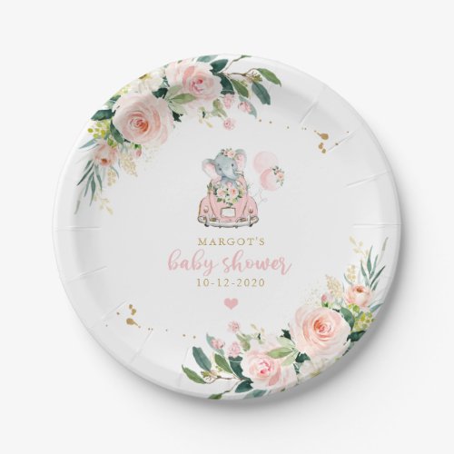 Elephant Drive By Baby Shower Pink Rose Paper Plates