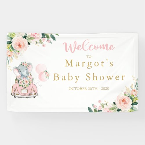 Elephant Drive By Baby Shower Pink Roses Banner