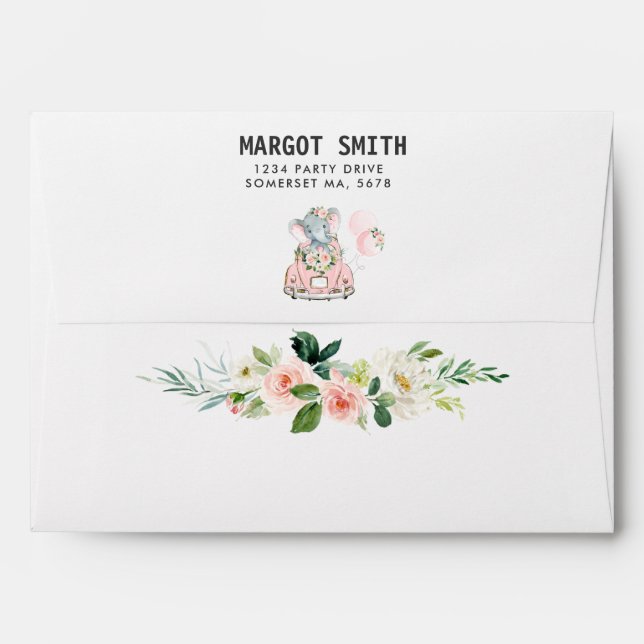 Elephant Drive By Baby Shower Pink Roses Envelope (Back (Top Flap))