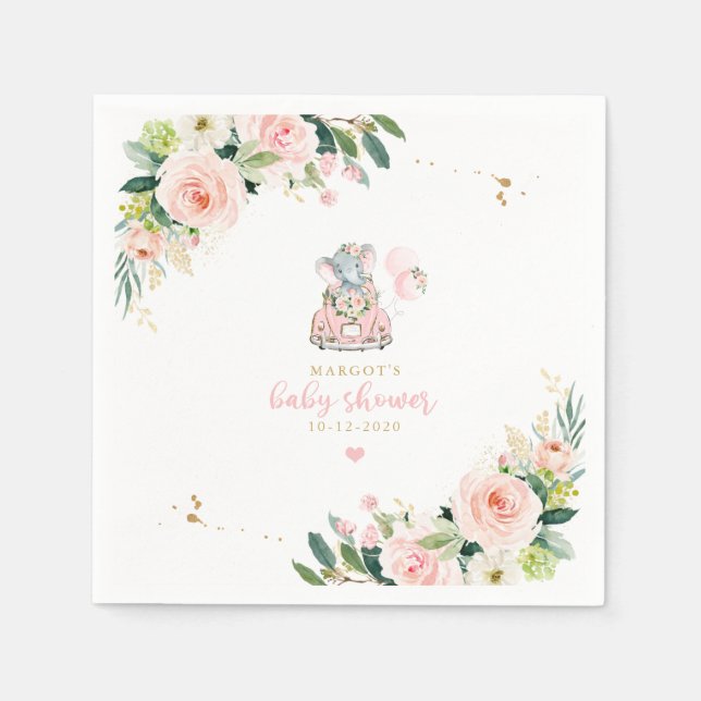 Elephant Drive By Baby Shower Pink Roses Napkins (Front)