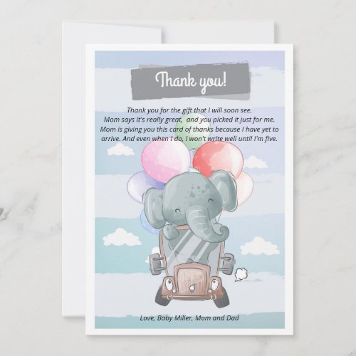 Elephant driving boy baby shower thank you card