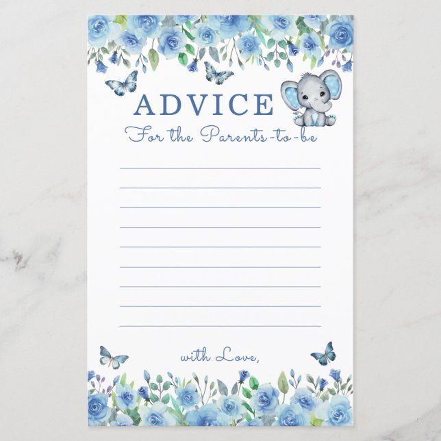 Elephant Dusty Blue Baby Shower Advice for Parents (Front)
