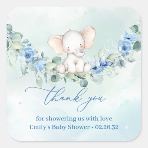 Elephant dusty blue floral eucalyptus baby shower square sticker