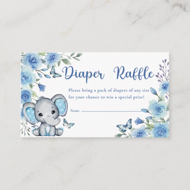 Elephant Dusty Blue Rose Baby Shower Diaper Raffle Enclosure Card (Front)
