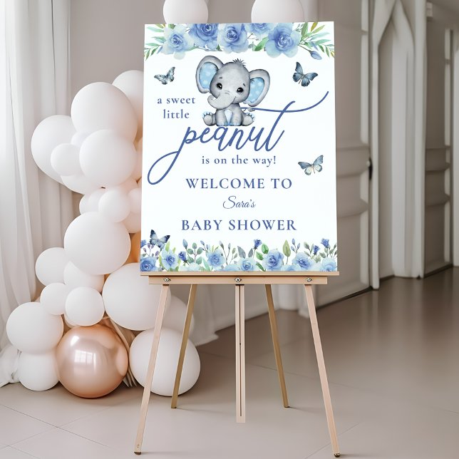 Elephant Dusty Blue Rose Baby Shower Welcome Sign (A Sweet Little Peanut Boy Elephant Baby Shower Welcome Sign | Dusty Blue Rose & Butterfly Theme)