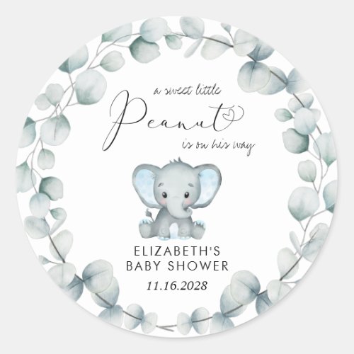 Elephant Eucalyptus Baby Boy Shower Classic Round Sticker