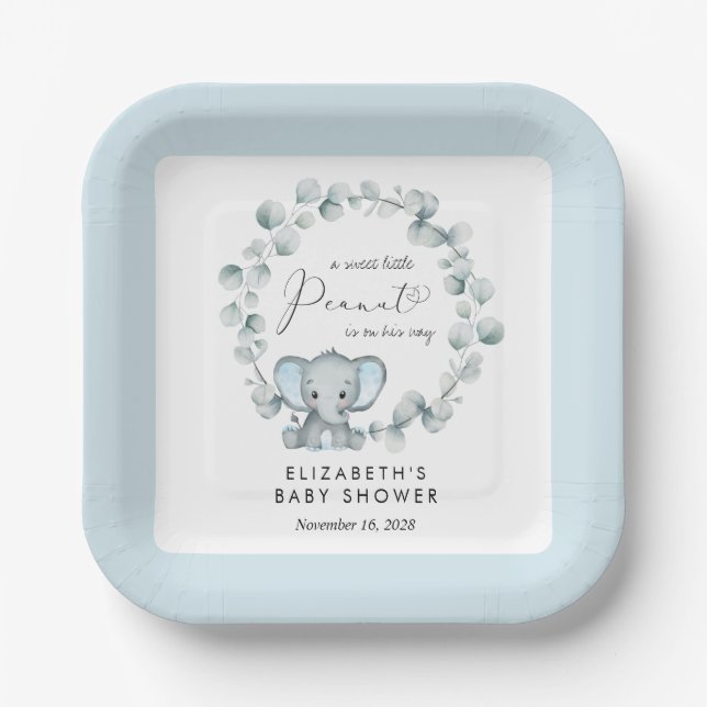 Elephant Eucalyptus Baby Boy Shower Paper Plates (Front)