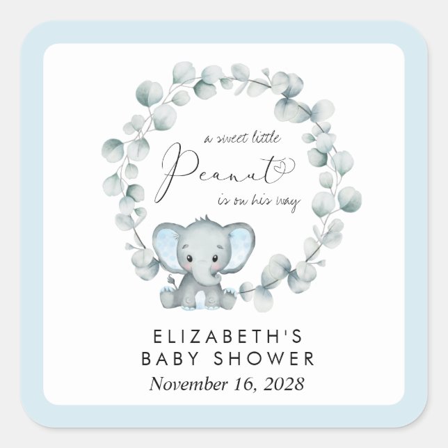 Elephant Eucalyptus Baby Boy Shower Square Sticker (Front)