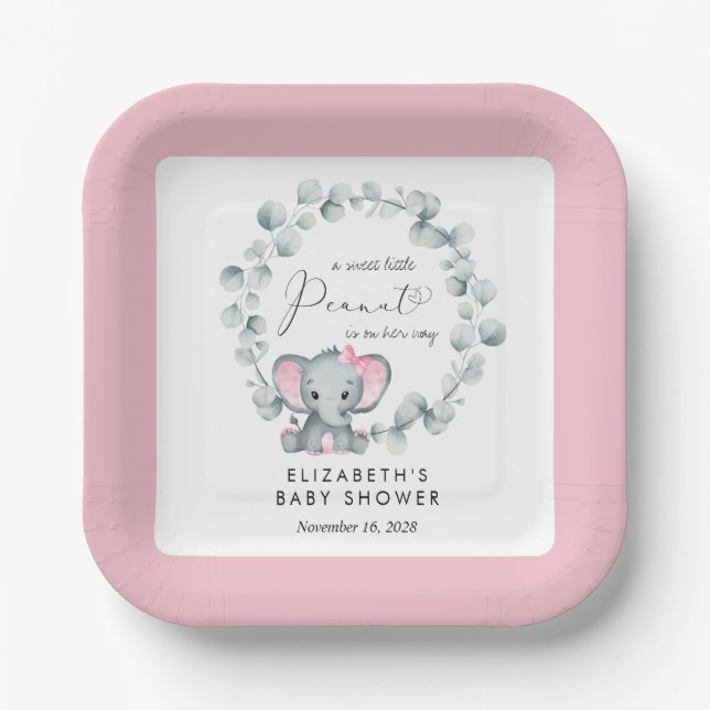 Elephant Eucalyptus Baby Girl Shower Paper Plates (Front)