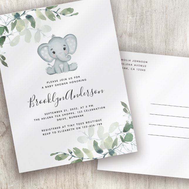 Elephant Eucalyptus Baby Shower Invitation Postcard (Creator Uploaded)