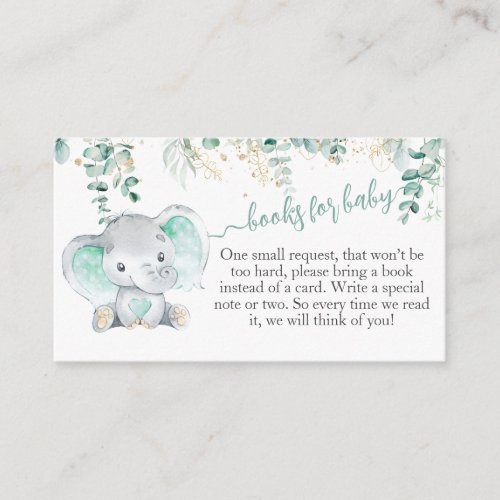 Elephant Eucalyptus gold Boy Baby Shower Books Enclosure Card
