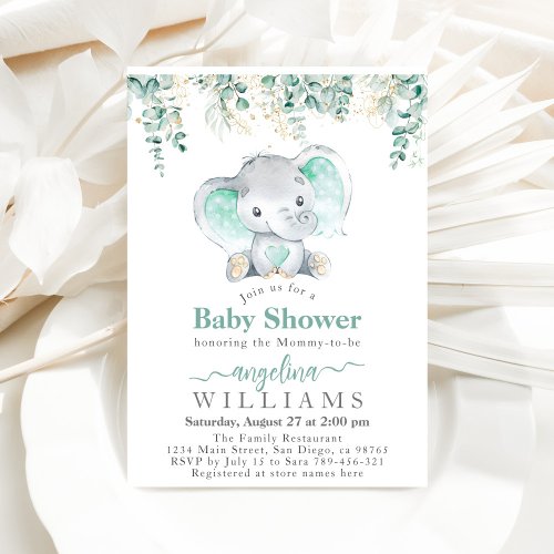 Elephant Eucalyptus gold leaves Boy Baby Shower Invitation