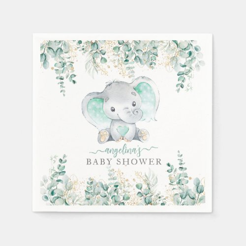 Elephant Eucalyptus gold leaves Boy Baby Shower  Napkins
