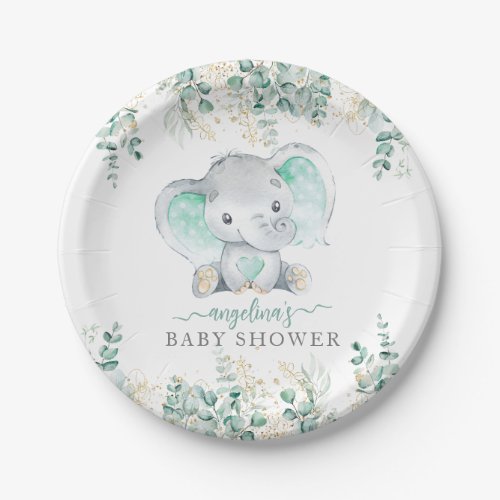 Elephant Eucalyptus gold leaves Boy Baby Shower  Paper Plates