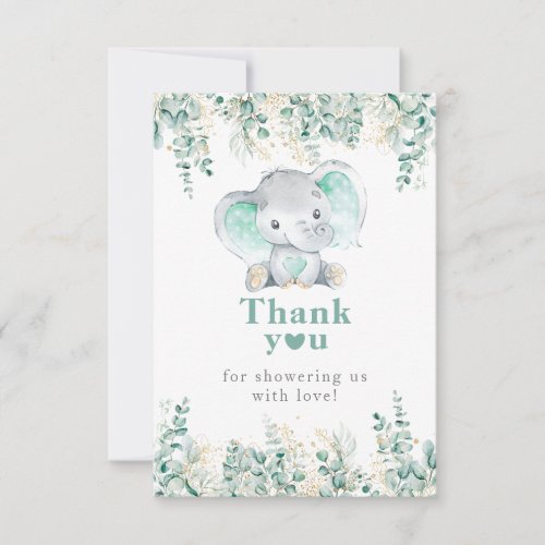 Elephant Eucalyptus gold leaves Boy Baby Shower Thank You Card