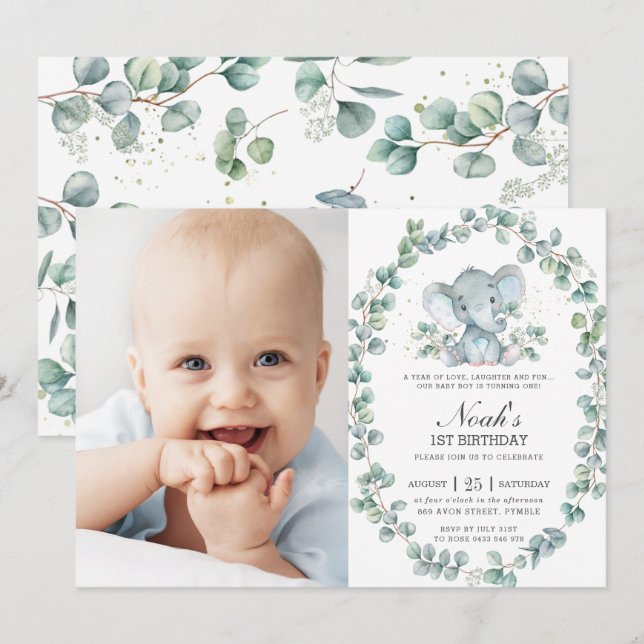 Elephant Eucalyptus Greenery Boy Birthday Photo Invitation (Front/Back)