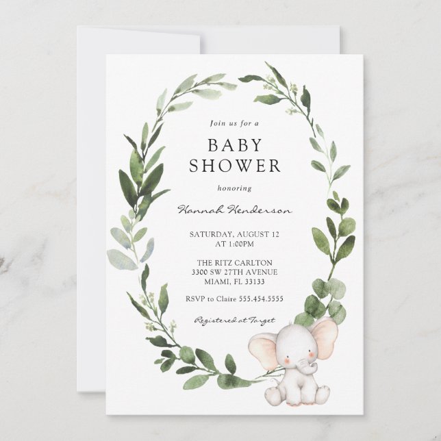 Elephant Eucalyptus Wreath Baby Shower Invitation (Front)